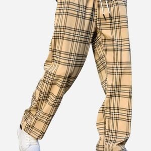 SHEIN Tan Plaid Patterned Drawstring Waist Pants